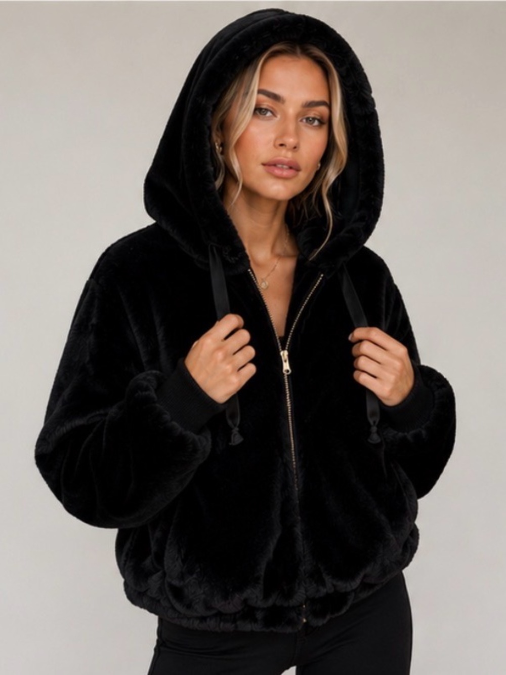 Forever 21 Black Faux Fur Zip Hoodie Jacket/Size Large - Worn Once